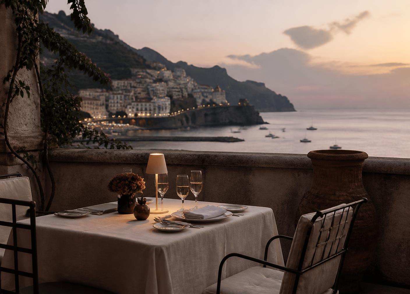 A candlelit table on a terrace above a coastal town at dusk